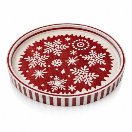 White Snowflakes on Red round tray Ø45 cm on a white background