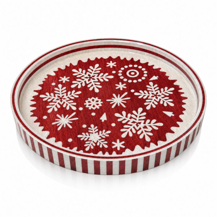 White Snowflakes on Red round tray Ø45 cm on a white background