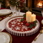 White Snowflakes on Red round tray in a styled home setting