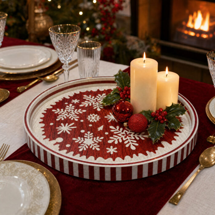 White Snowflakes on Red round tray in a styled home setting