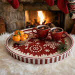 White Snowflakes on Red round tray used for serving at home