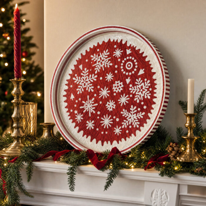 White Snowflakes on Red round tray as home décor