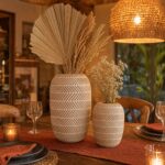 Woven decorative vases as a dining table centerpiece