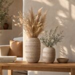Woven decorative vases with dried pampas grass on a wooden console table