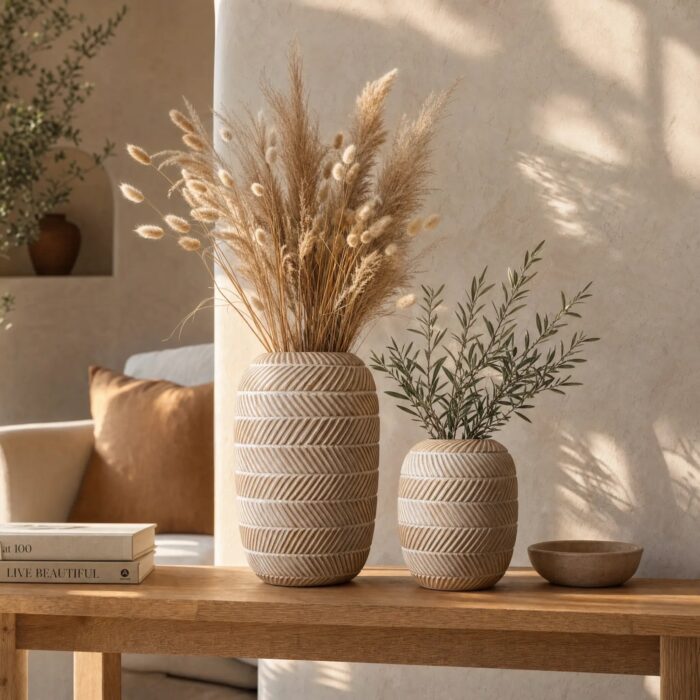 Woven decorative vases with dried pampas grass on a wooden console table