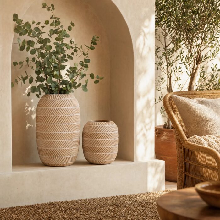 Woven decorative vases with eucalyptus branches in an arched wall niche