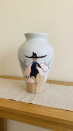 Hand-Painted Cowboy Artwork Pottery Vase for Tabletop, 37 cm, White/Beige - Image 3