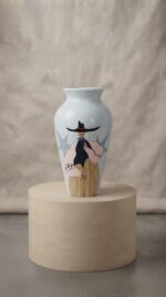 Hand-Painted Cowboy Artwork Pottery Vase for Tabletop, 37 cm, White/Beige