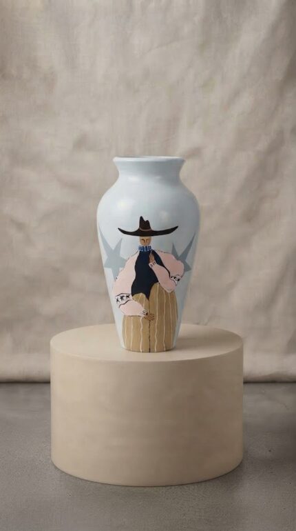 Hand-Painted Cowboy Artwork Pottery Vase for Tabletop, 37 cm, White/Beige