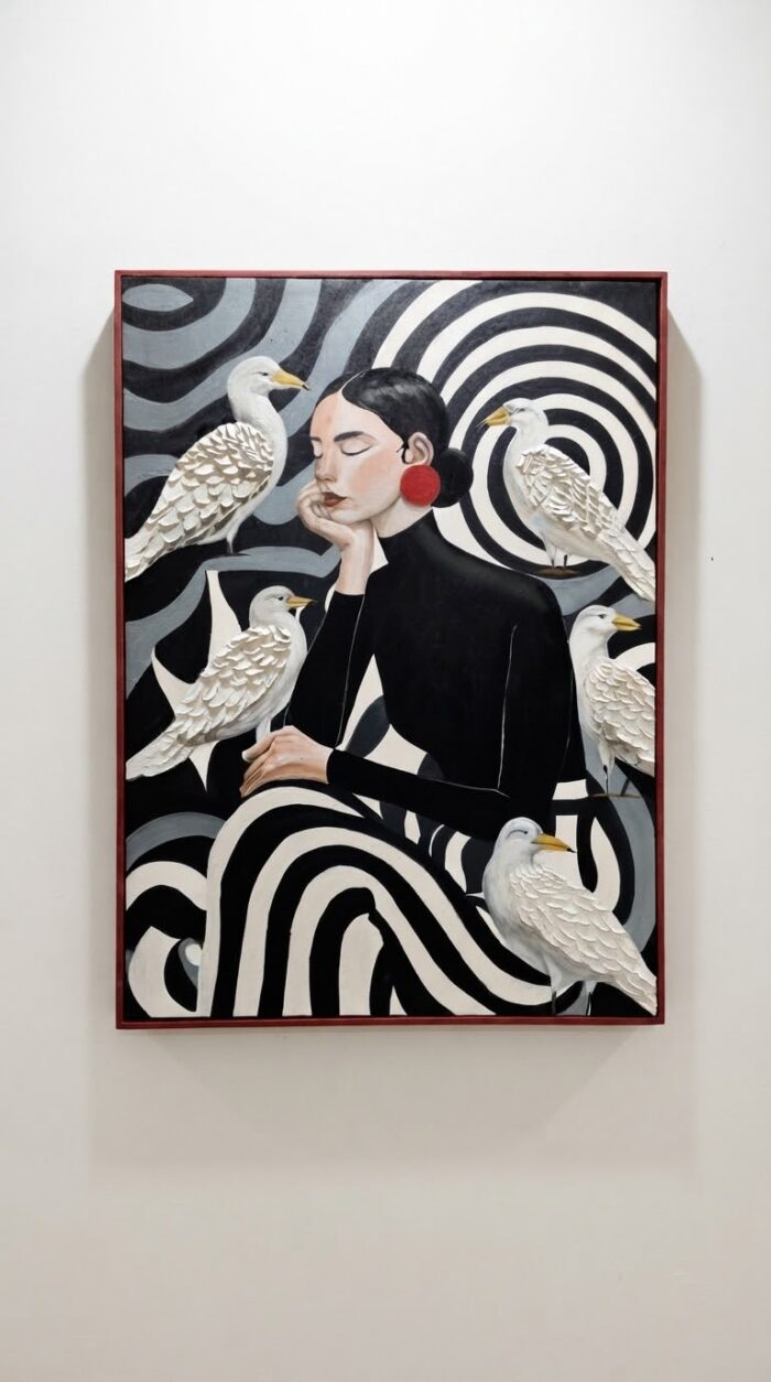 Hand-Painted Woman and White Birds Wooden Wall Art, 80 × 110 cm, Black/White - Image 2