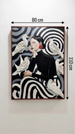 Hand-Painted Woman and White Birds Wooden Wall Art, 80 × 110 cm, Black/White - Image 3