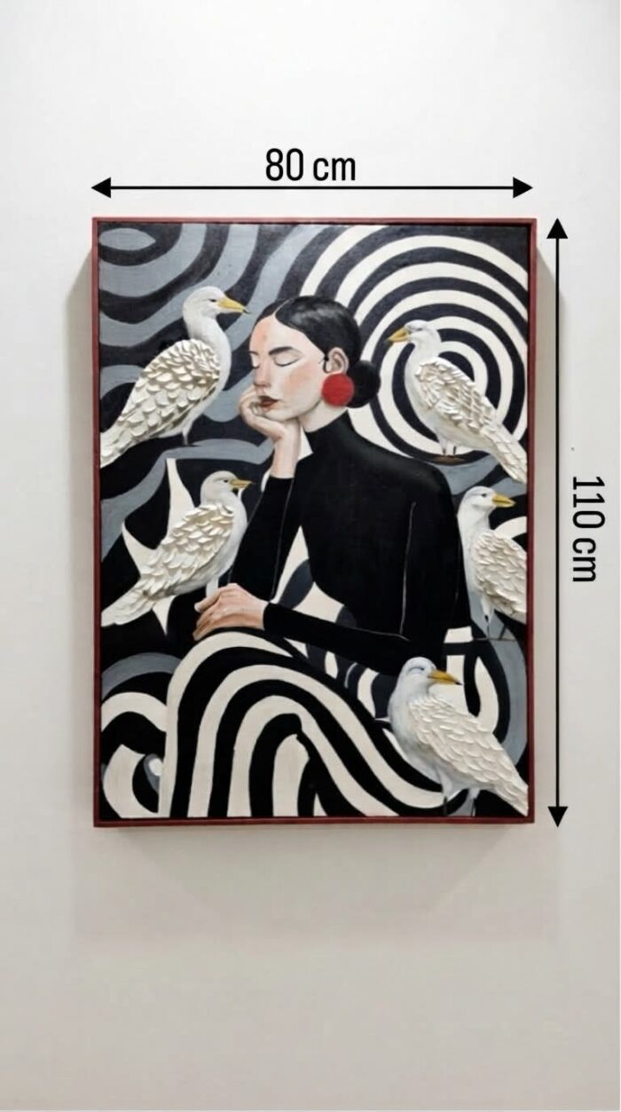 Hand-Painted Woman and White Birds Wooden Wall Art, 80 × 110 cm, Black/White - Image 3