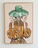 Impressionistic Portrait with Green Hat and Striped Blouse Wooden Wall Art, 73 × 105 cm