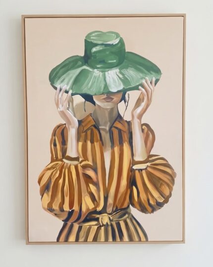 Impressionistic Portrait with Green Hat and Striped Blouse Wooden Wall Art, 73 × 105 cm
