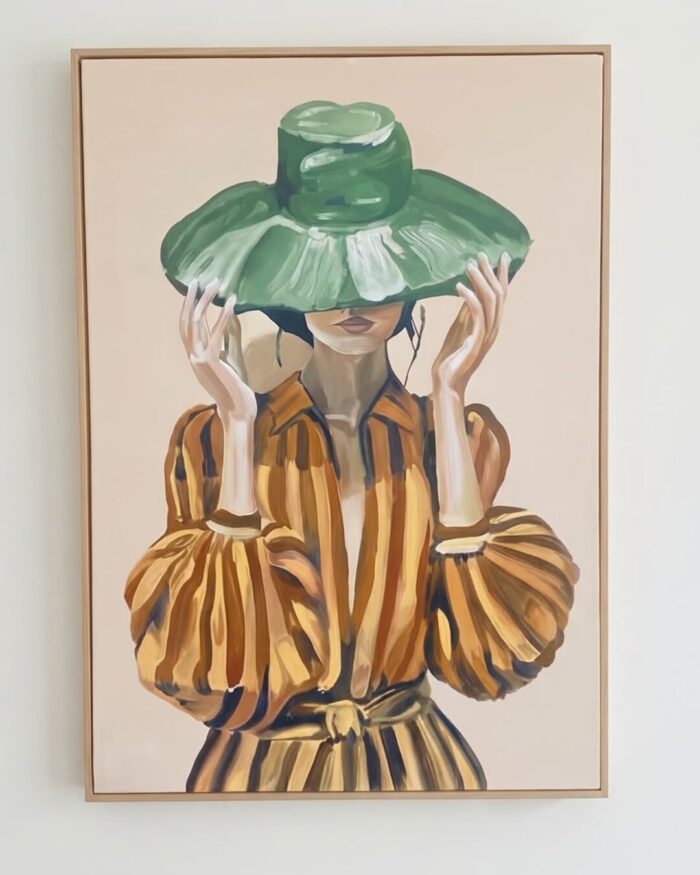 Impressionistic Portrait with Green Hat and Striped Blouse Wooden Wall Art, 73 × 105 cm - Image 1