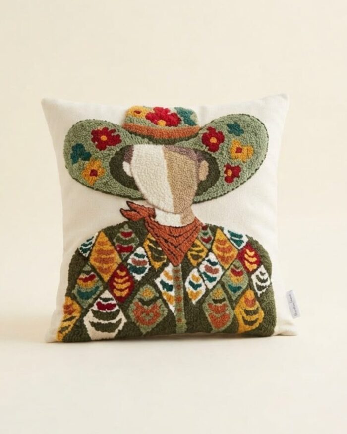 Hand-Tufted Cowboy Portrait Fabric Cushion, 45 × 45 cm, multicolor - Image 1