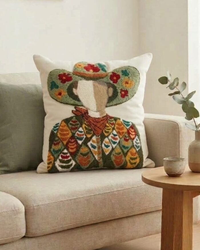 Hand-Tufted Cowboy Portrait Fabric Cushion, 45 × 45 cm, multicolor - Image 2