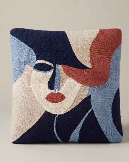 Abstract Face Embroidery Cotton Cushion, 45 × 45 cm, multicolor