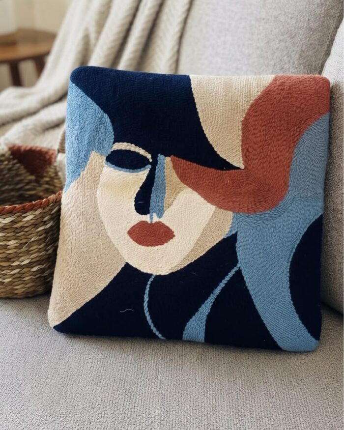 Abstract Face Embroidery Cotton Cushion, 45 × 45 cm, multicolor - Image 2