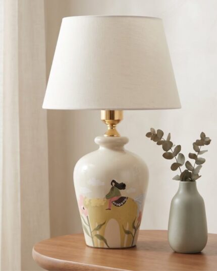 Hand-Painted Meadow Wooden Table Lamp, 40 cm, Creamy