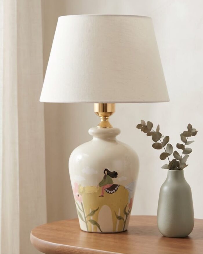 Hand-Painted Meadow Wooden Table Lamp, 40 cm, Creamy - Image 1