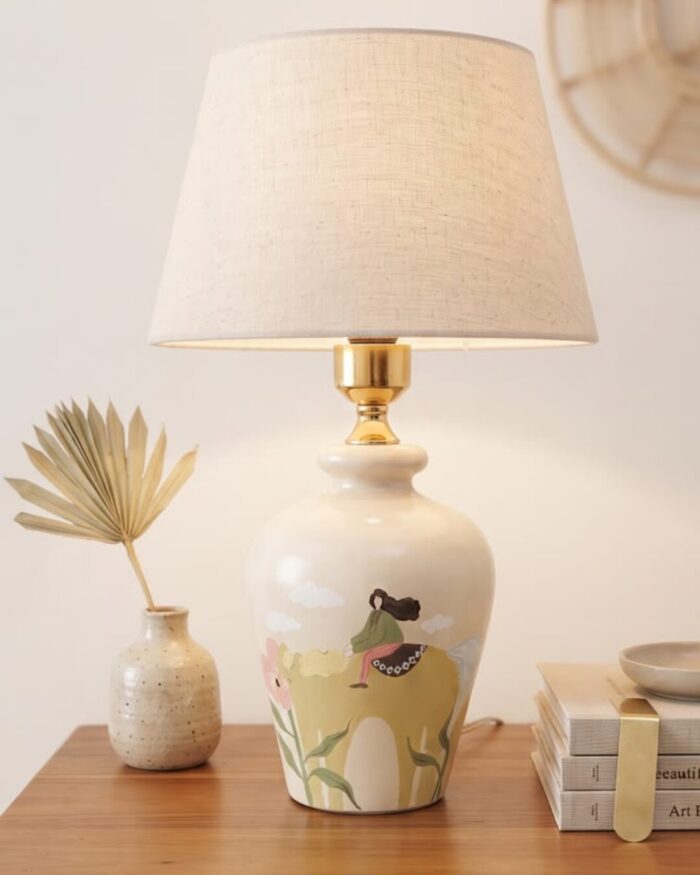 Hand-Painted Meadow Wooden Table Lamp, 40 cm, Creamy - Image 2
