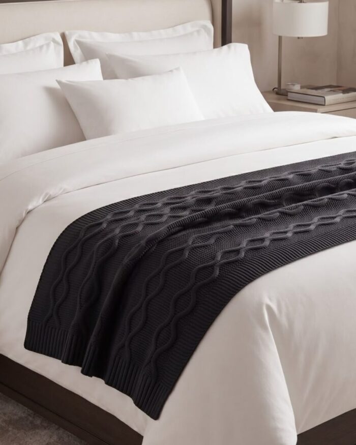 Cable-Knit Cotton Throw Blanket, 135 × 300 cm, black ,grey and beige - Image 1