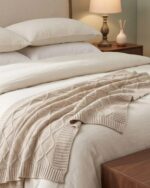 Cable-Knit Cotton Throw Blanket, 135 × 300 cm, black ,grey and beige - Image 3