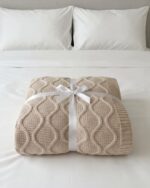 Cable-Knit Cotton Throw Blanket, 135 × 300 cm, black ,grey and beige - Image 4