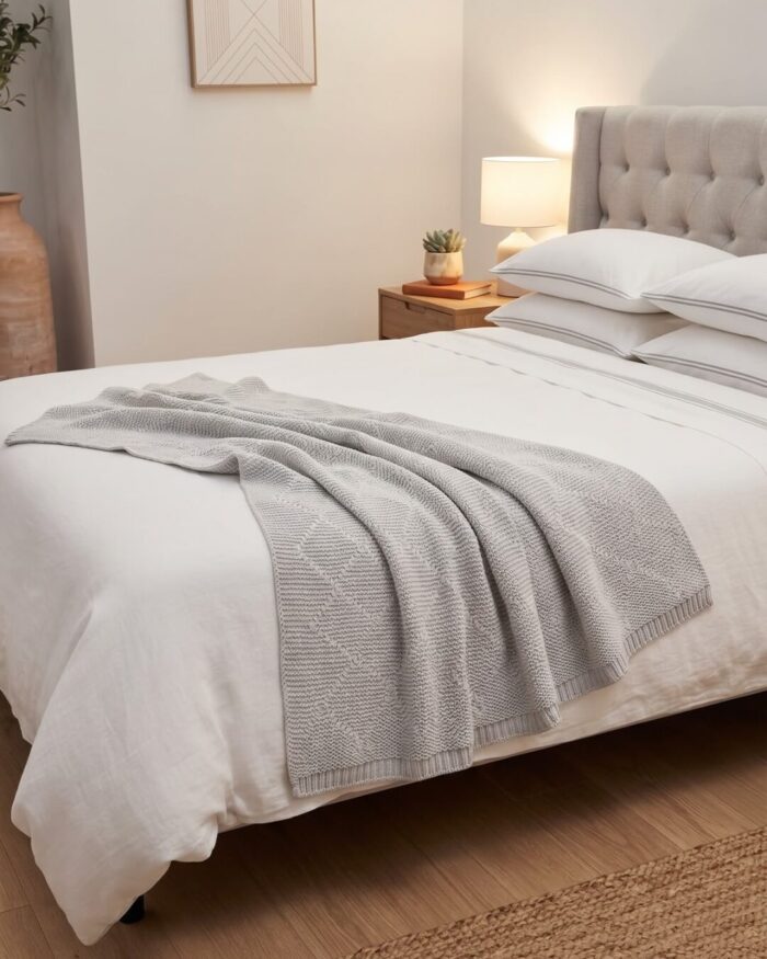 Cable-Knit Cotton Throw Blanket, 135 × 300 cm, black ,grey and beige - Image 5