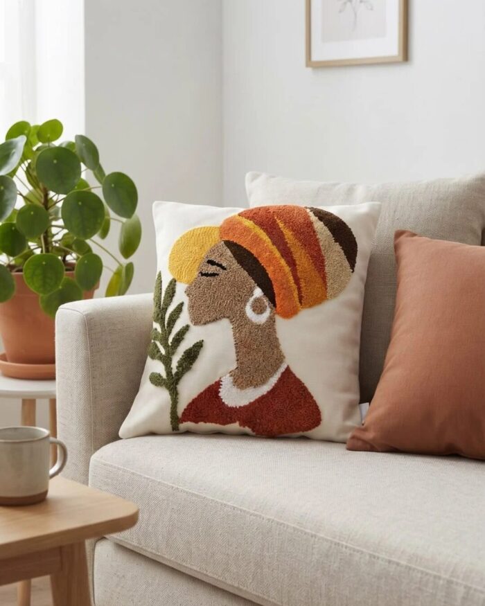 Tufted Woman with Botanical Leaf Branch Cotton Cushion, 45 × 45 cm, multicolr - Image 2