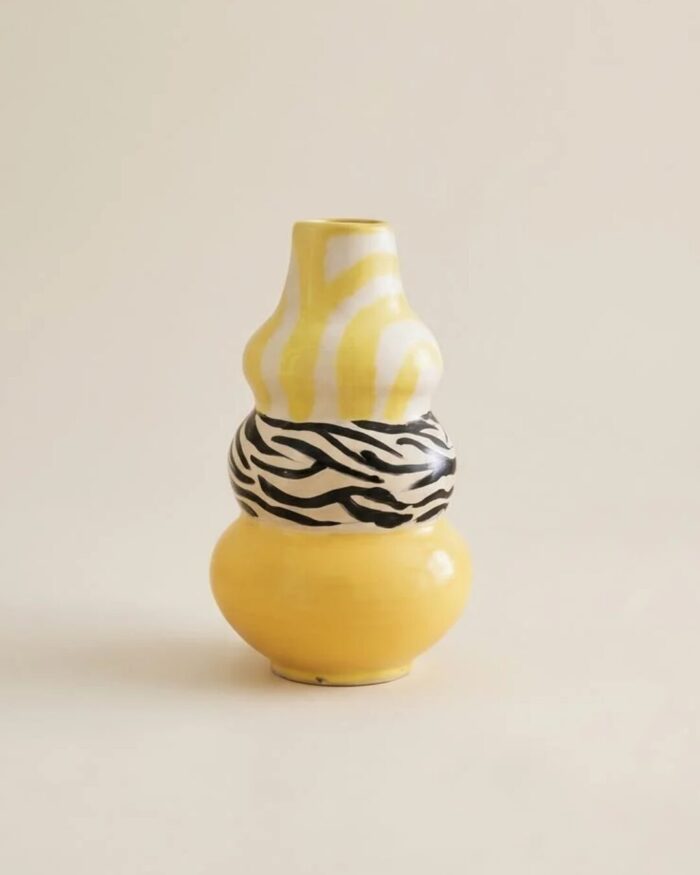 Hand-Painted Zebra Pattern Stacked Ceramic Vase, 25 cm, Yellow/Black - Image 1