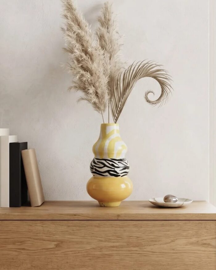 Hand-Painted Zebra Pattern Stacked Ceramic Vase, 25 cm, Yellow/Black - Image 2