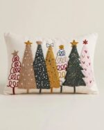 Embroidered Christmas Trees Cotton Cushion, 45 × 45 cm, Multicolor