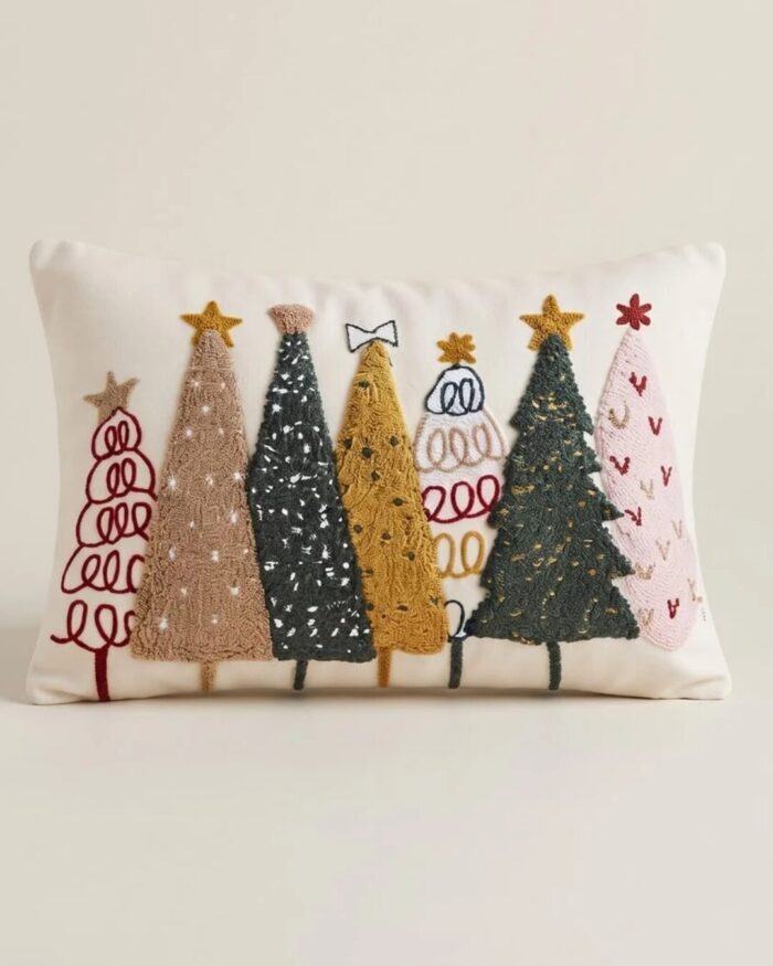 Embroidered Christmas Trees Cotton Cushion, 45 × 45 cm, Multicolor - Image 1