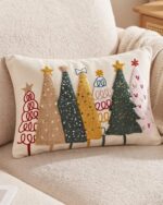 Embroidered Christmas Trees Cotton Cushion, 45 × 45 cm, Multicolor - Image 2