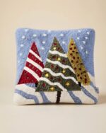 Christmas Snowfall Forest Embroidered Cotton Cushion, 45 × 45 cm, Light Blue