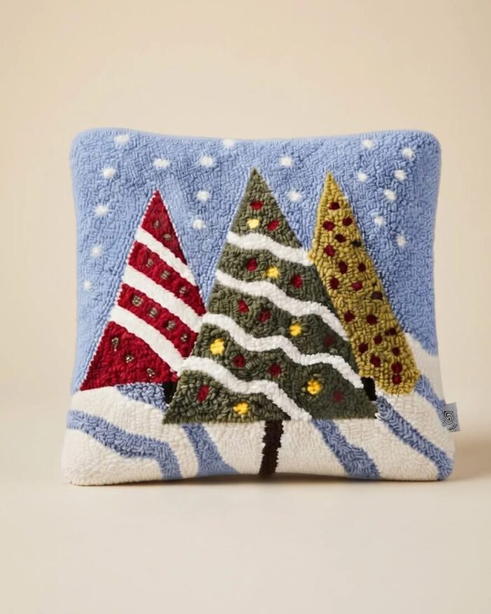 Christmas Snowfall Forest Embroidered Cotton Cushion, 45 × 45 cm, Light Blue - Image 1