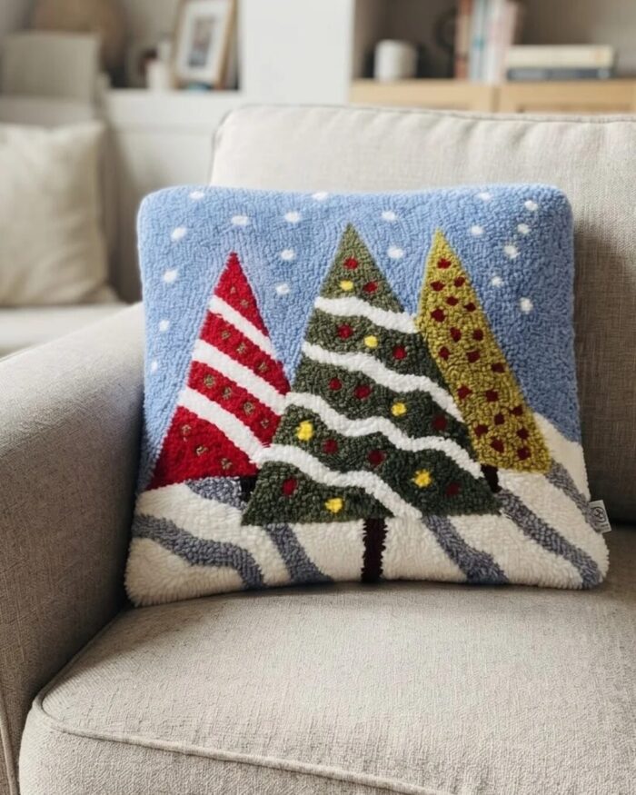 Christmas Snowfall Forest Embroidered Cotton Cushion, 45 × 45 cm, Light Blue - Image 2