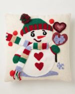 Hand-Tufted Snowman and Hearts Cotton Cushion, 45 × 45 cm, Cream/Red