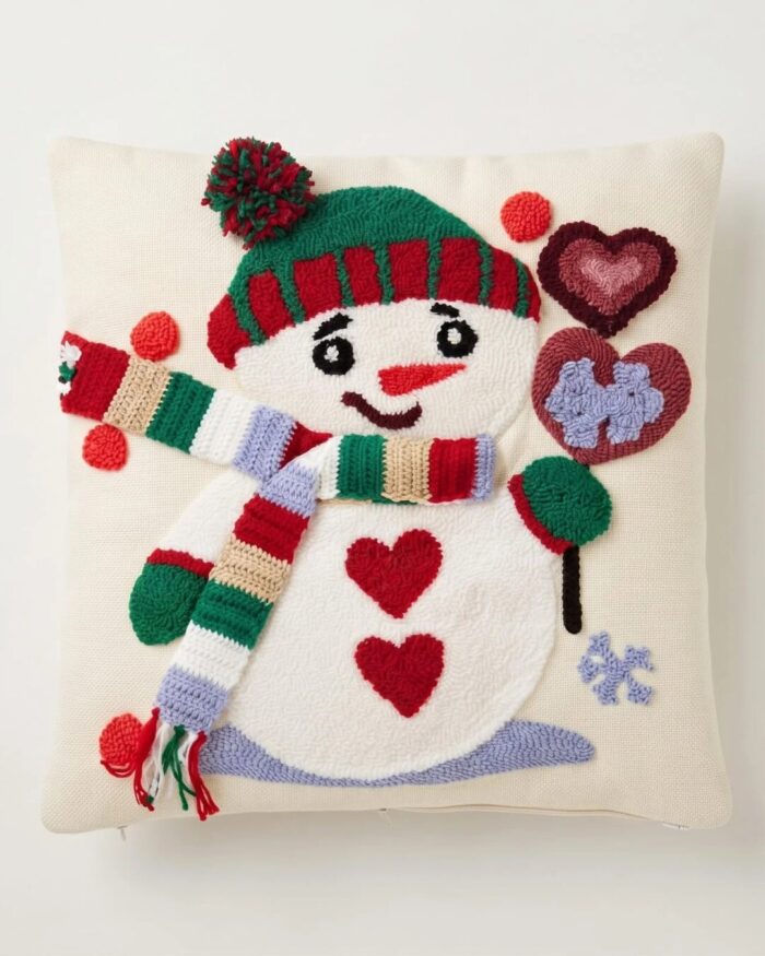 Hand-Tufted Snowman and Hearts Cotton Cushion, 45 × 45 cm, Cream/Red - Image 1