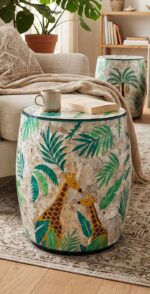 Dual-Sided Giraffe  and Palm Tree Inlay Wooden Stool or Table, 40 × 55 cm, yellow and green - Image 6