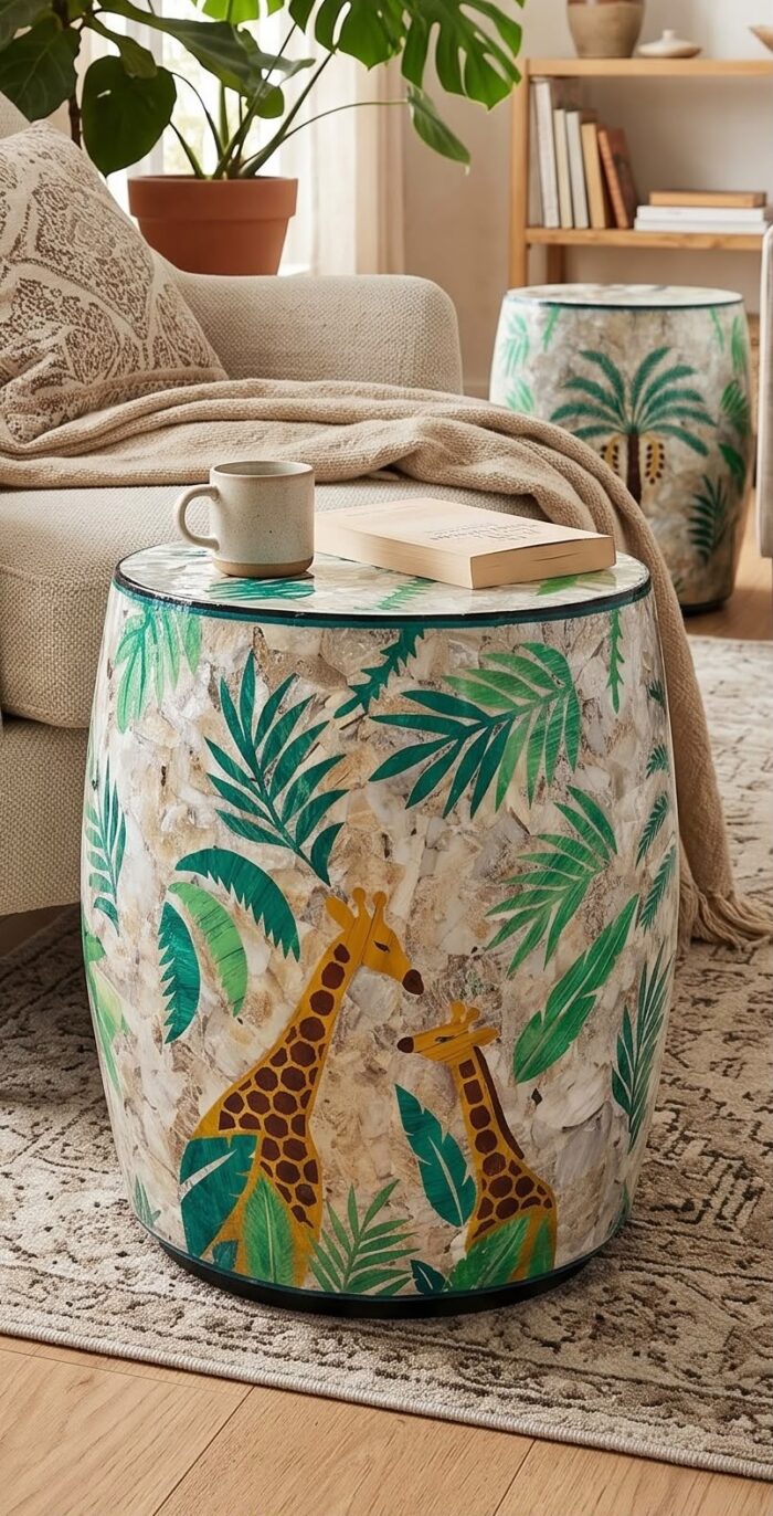 Dual-Sided Giraffe  and Palm Tree Inlay Wooden Stool or Table, 40 × 55 cm, yellow and green - Image 6
