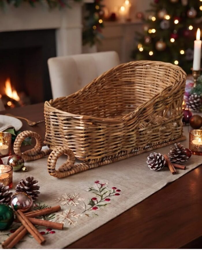 Rustic Wicker Sleigh Wicker Decoration for Tabletop, 23 × 10 cm, warm tan color - Image 1