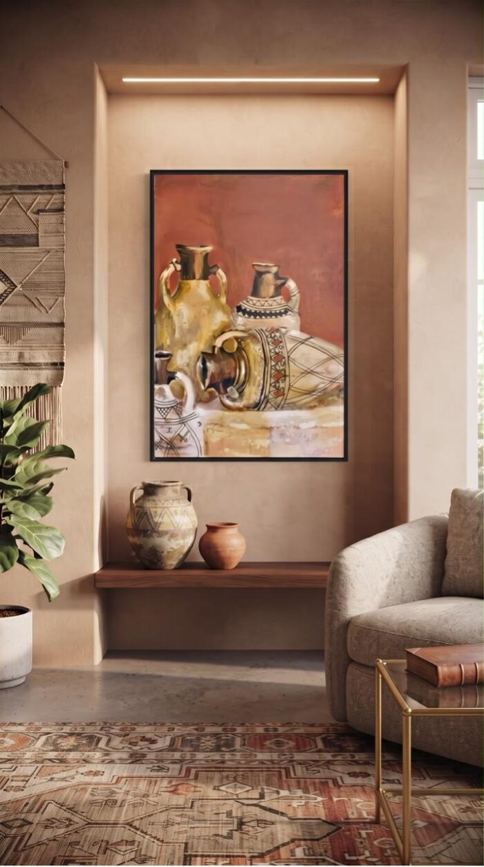 Vintage Pottery Still Life Wooden Painting, 80 × 115 cm, Terracotta/Beige - Image 1