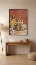 Vintage Pottery Still Life Wooden Painting, 80 × 115 cm, Terracotta/Beige - Image 2