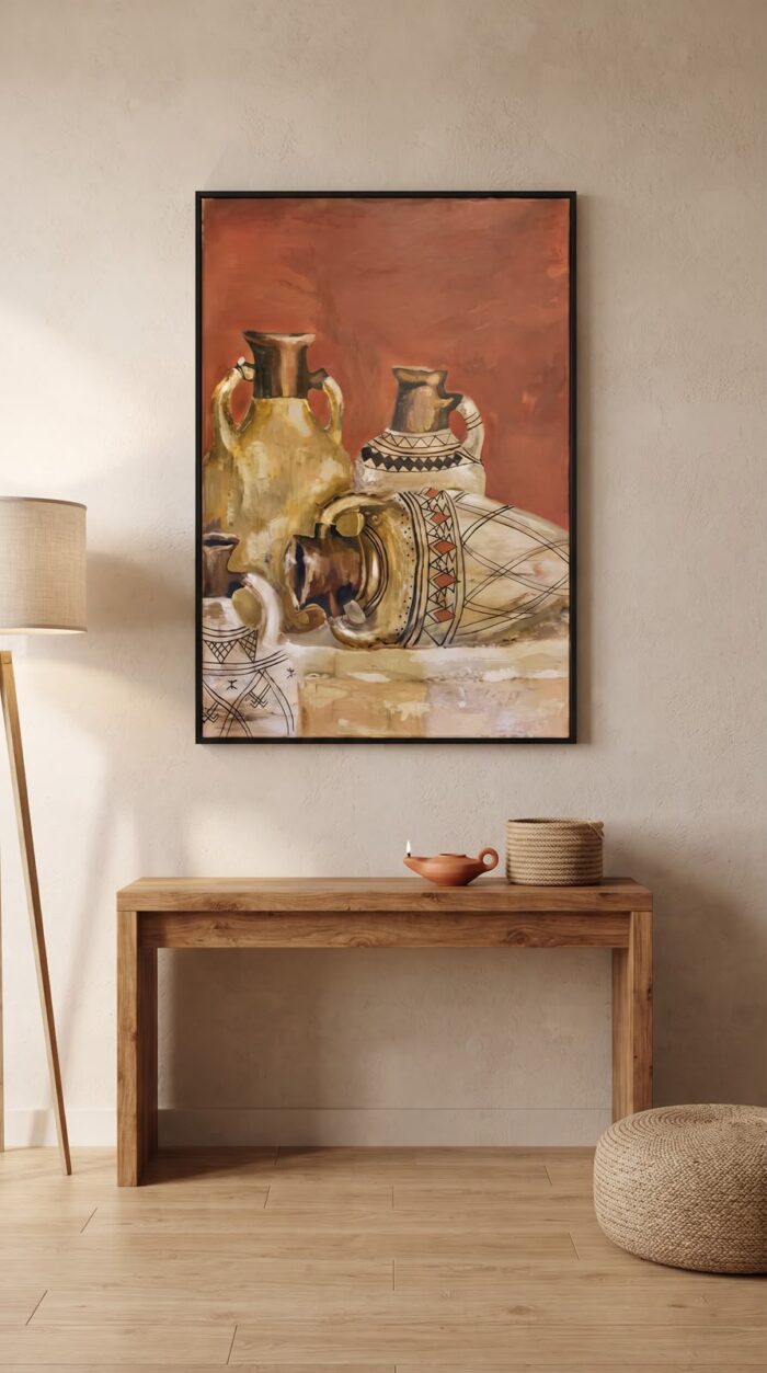 Vintage Pottery Still Life Wooden Painting, 80 × 115 cm, Terracotta/Beige - Image 2