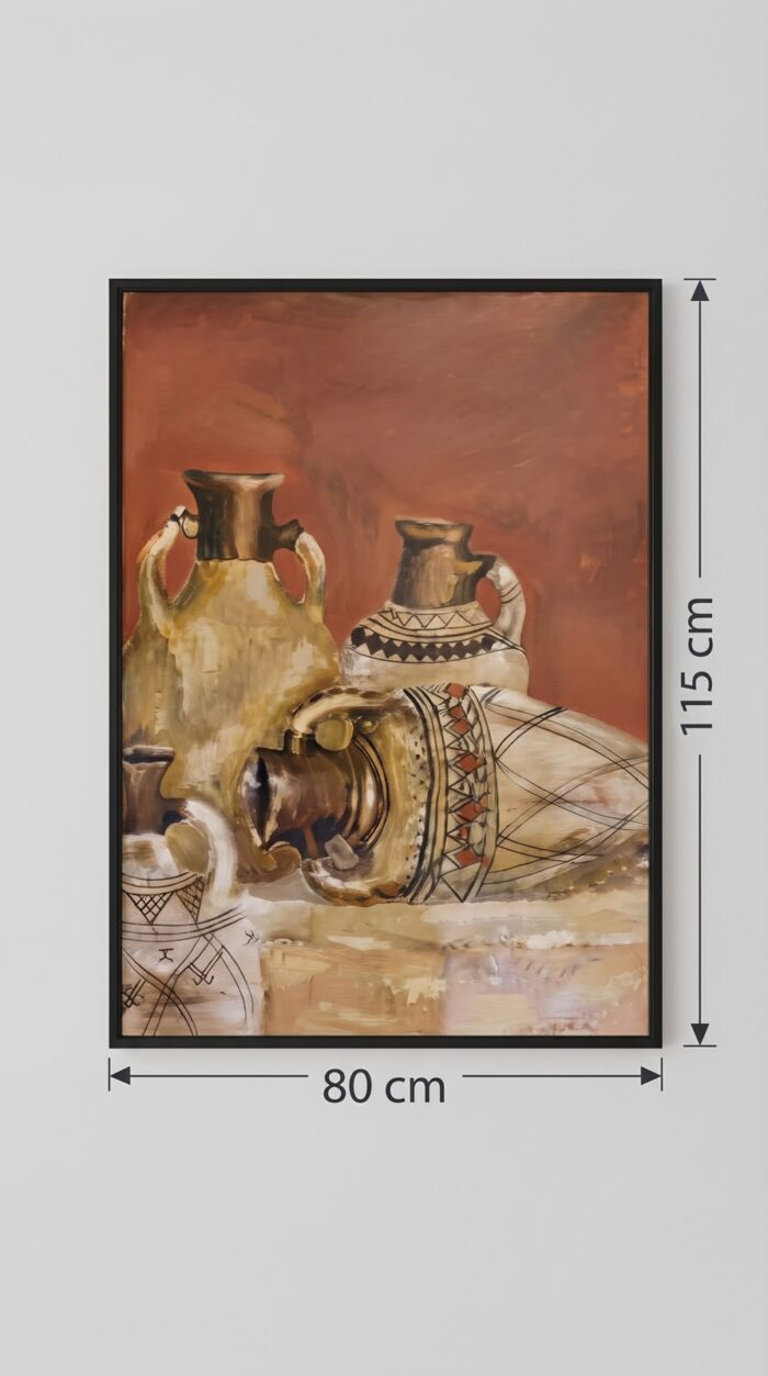 Vintage Pottery Still Life Wooden Painting, 80 × 115 cm, Terracotta/Beige - Image 3