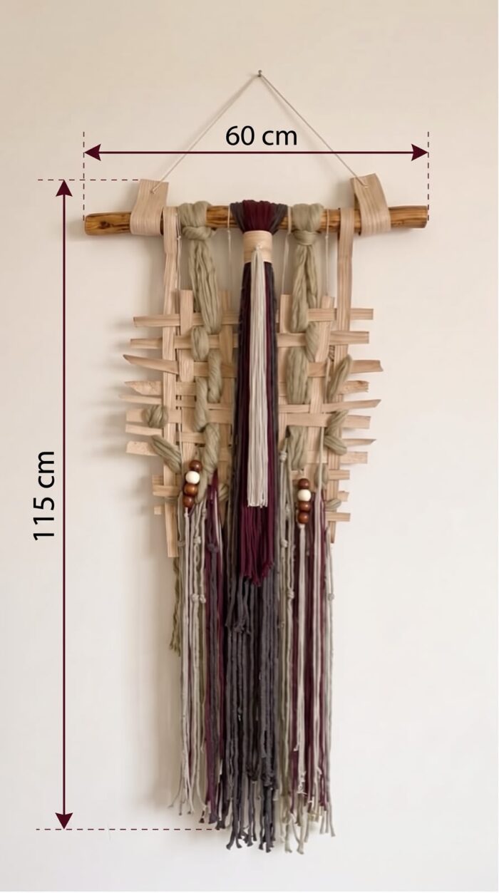 Handcrafted Woven Macrame Cotton Wall Hanging, 60 × 115 cm, Beige/Olive Green - Image 1