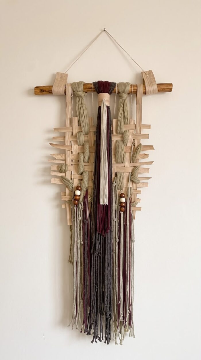 Handcrafted Woven Macrame Cotton Wall Hanging, 60 × 115 cm, Beige/Olive Green - Image 2